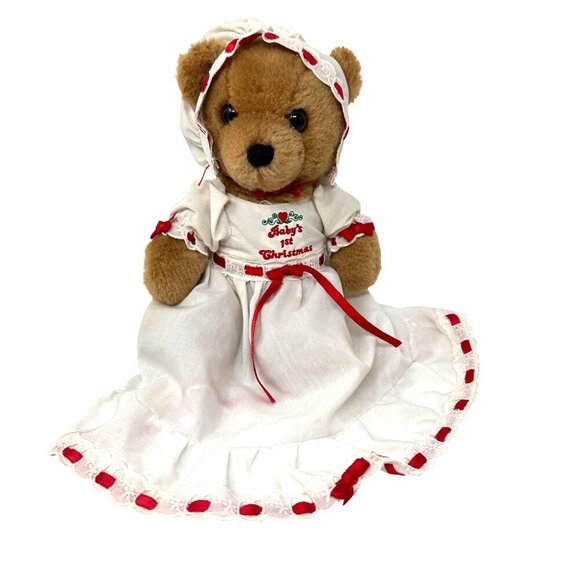 Vintage 1st Christmas Teddy Bear By Dakin 1983 White Red Dress Bonnet Babys - Picture 1 of 12